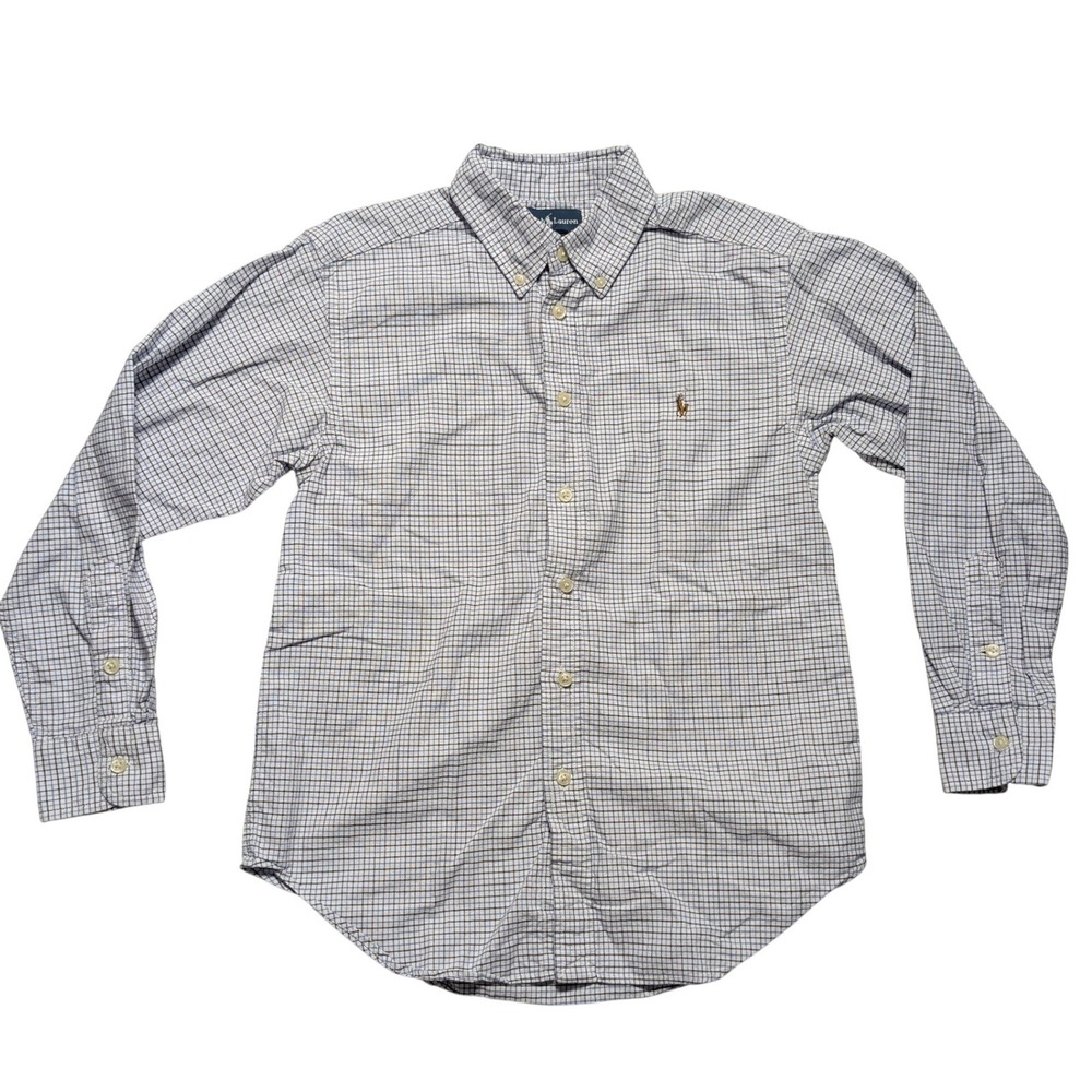 VTG Polo Ralph Lauren Kids Blue White Tattersall Check Button Shirt M 10-12